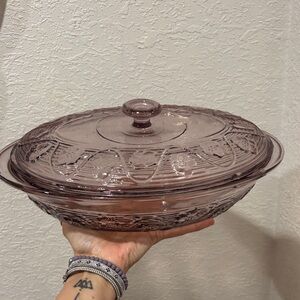 Anchor Hocking Purple AVALON 2 QT Floral Glass Oval Casserole w/ Lid 13”